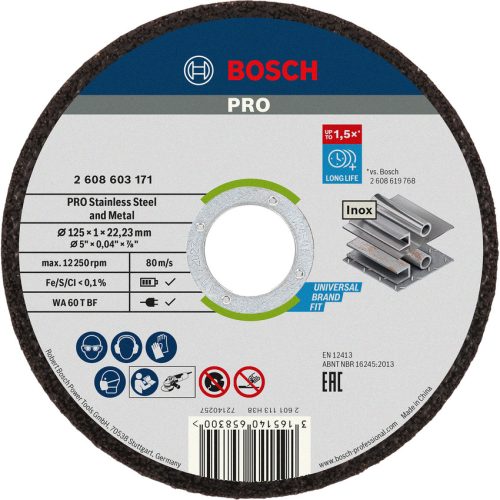 VÁGÓKORONG FÉMRE INOX BOSCH 2608600549 125*1,0*22 EXP.