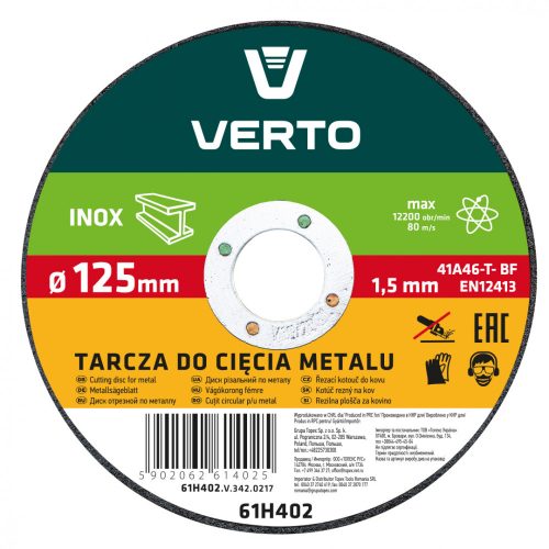 VÁGÓTÁRCSA FÉMHEZ INOX  125*22*1,5MM VERTO