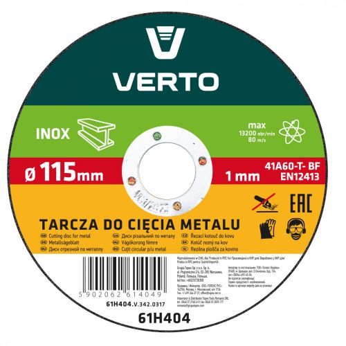 VÁGÓTÁRCSA FÉMHEZ INOX  115*22*1,0MM VERTO