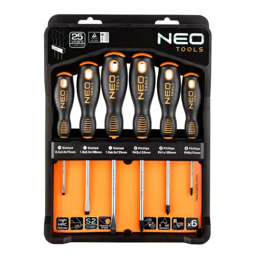 CSAVARHÚZÓ KÉSZLET 6 RÉSZES LAPOS/PH GUMÍROZOTT NYÉLLEL NEO TOOLS